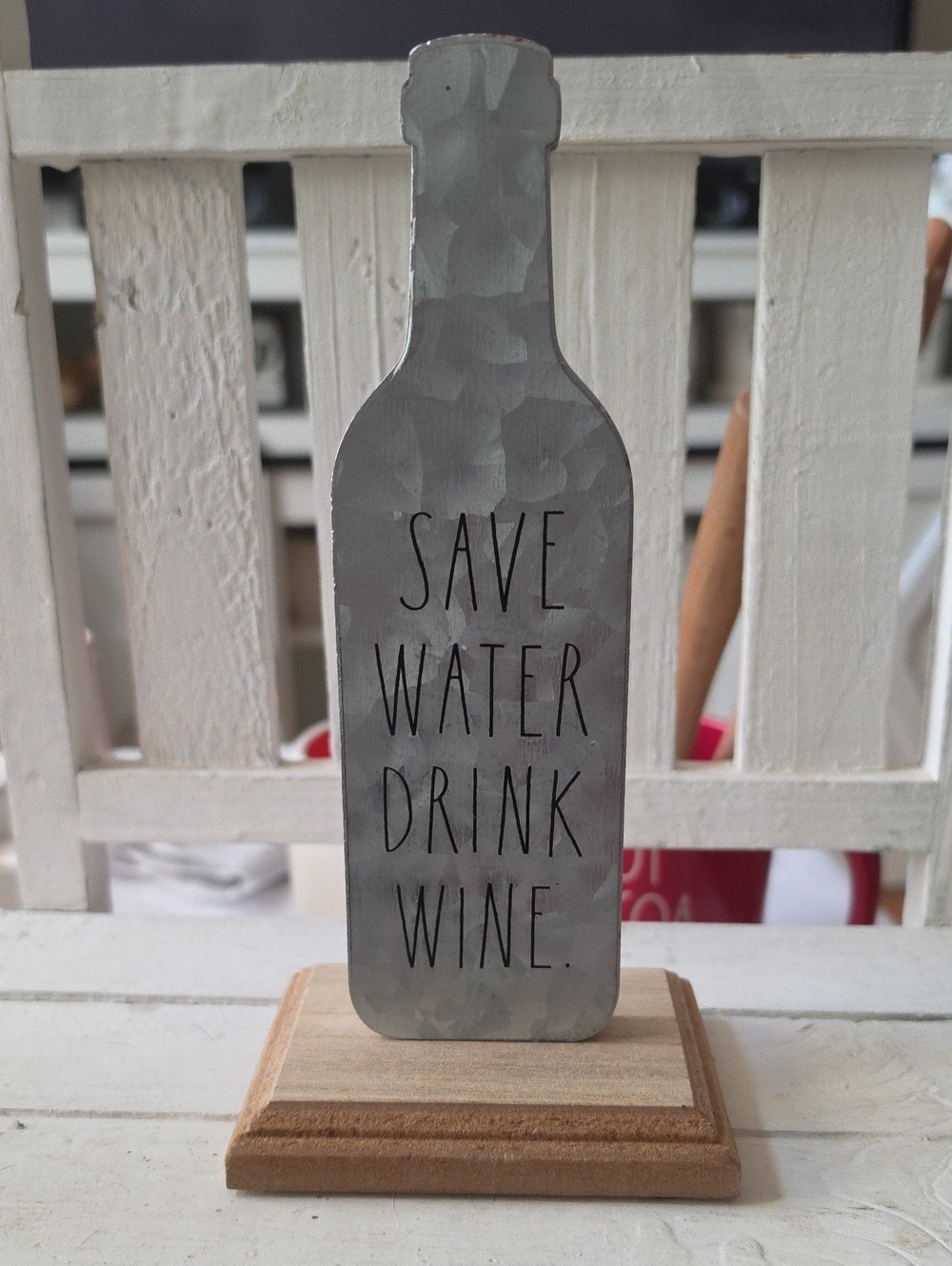 Rae Dunn Gray Metal "Save Water Drink Wine" Bottle Sign on Wood Base
